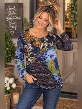 Jessica Max L Boho Patchwork Floral Mixed Print Artsy Long Sleeve Top